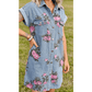Finn Sky Blue Denim Floral Print Cuffed Short Sleeve Button Down Shift Dress