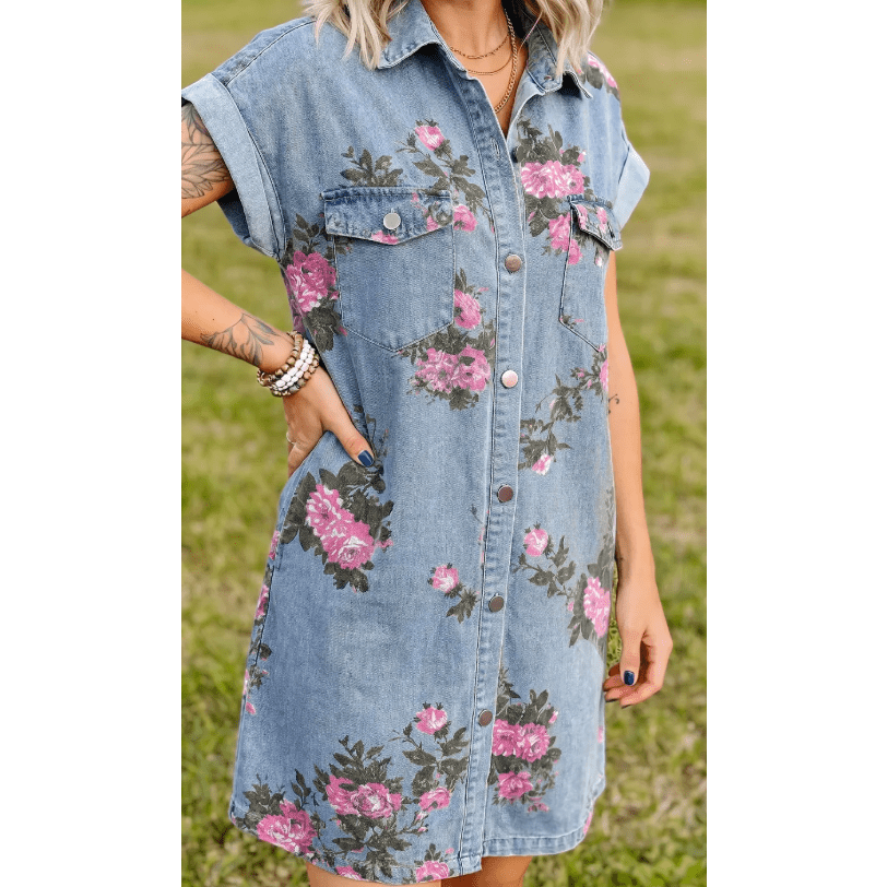 Finn Sky Blue Denim Floral Print Cuffed Short Sleeve Button Down Shift Dress