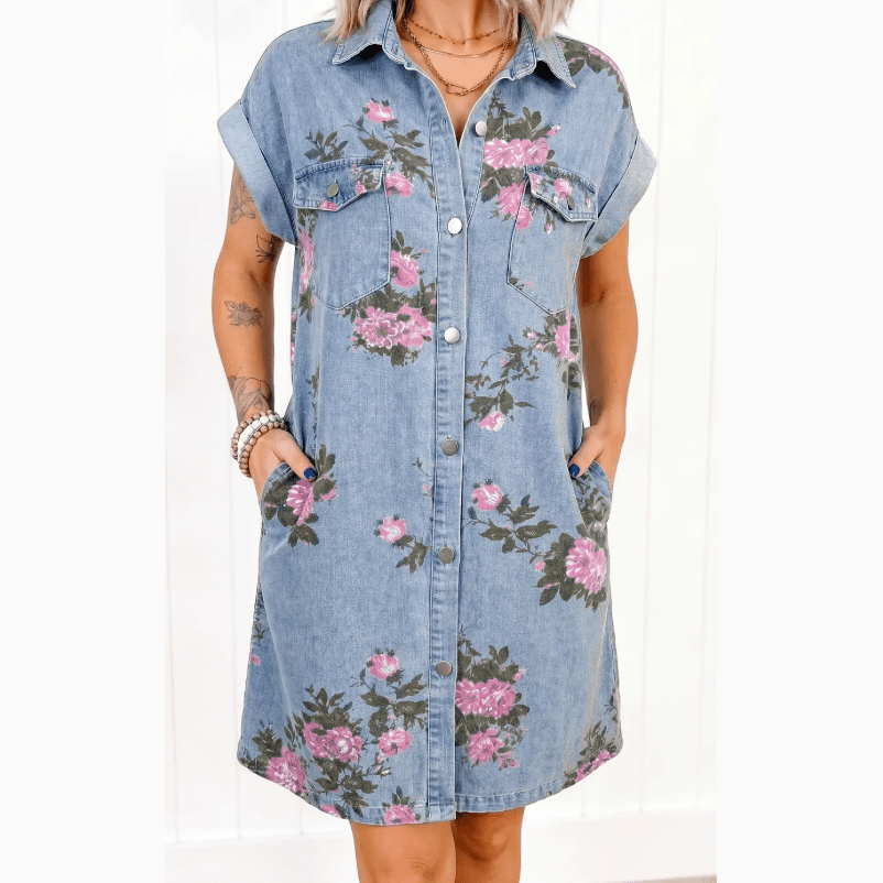 Finn Sky Blue Denim Floral Print Cuffed Short Sleeve Button Down Shift Dress