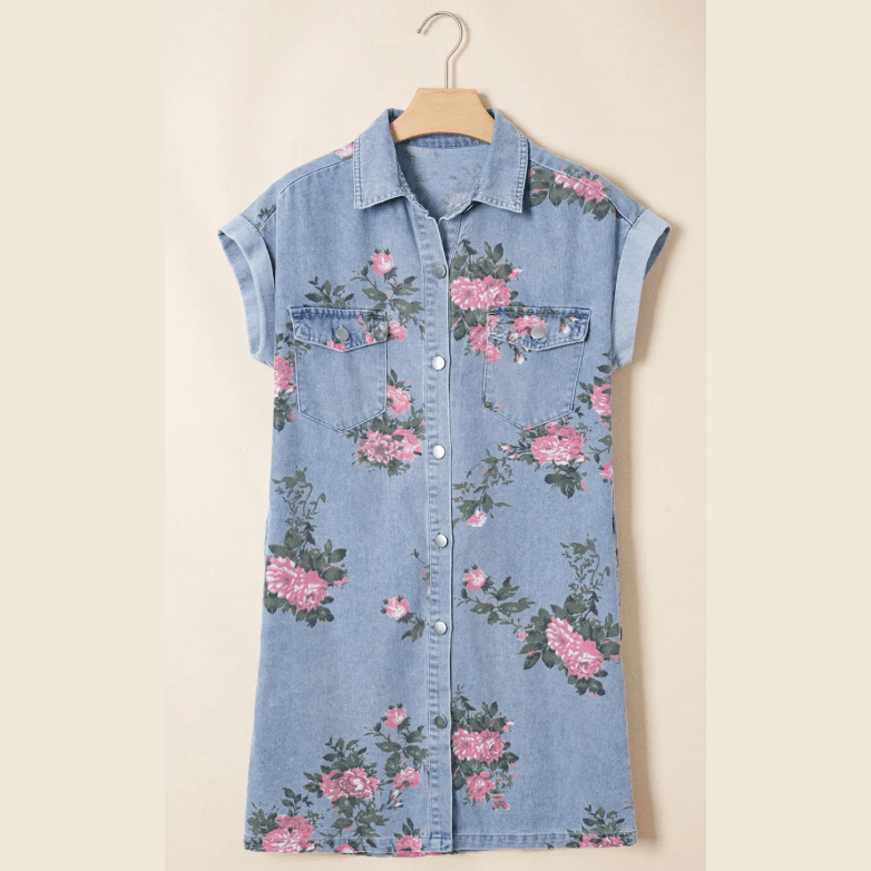 Finn Sky Blue Denim Floral Print Cuffed Short Sleeve Button Down Shift Dress