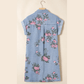Finn Sky Blue Denim Floral Print Cuffed Short Sleeve Button Down Shift Dress
