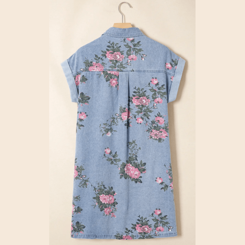 Finn Sky Blue Denim Floral Print Cuffed Short Sleeve Button Down Shift Dress