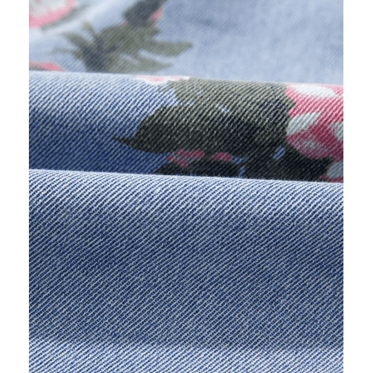Finn Sky Blue Denim Floral Print Cuffed Short Sleeve Button Down Shift Dress
