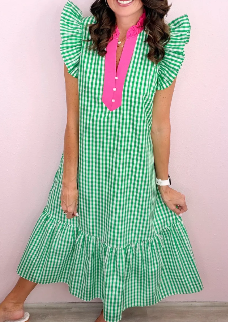 RTS Color-Blocked Plaid Pattern Midi Dress