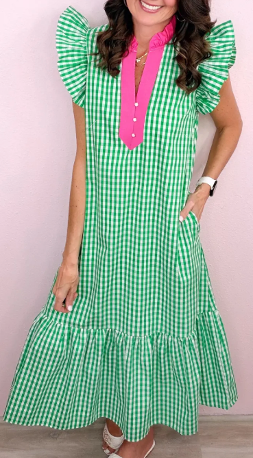 RTS Color-Blocked Plaid Pattern Midi Dress