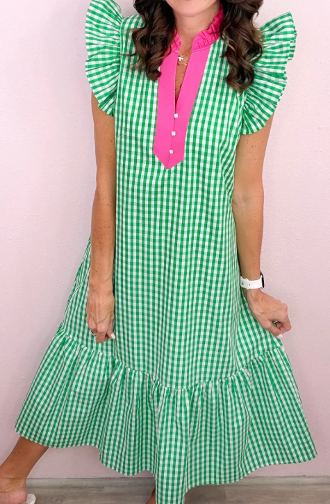 RTS Color-Blocked Plaid Pattern Midi Dress