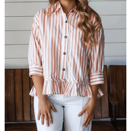 Camden Stripe Collar Button Front Bracelet Sleeve Ruffle Hem Shirt