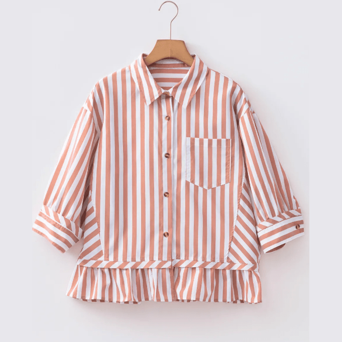 Camden Stripe Collar Button Front Bracelet Sleeve Ruffle Hem Shirt