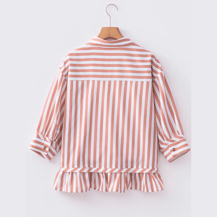 Camden Stripe Collar Button Front Bracelet Sleeve Ruffle Hem Shirt
