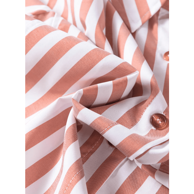 Camden Stripe Collar Button Front Bracelet Sleeve Ruffle Hem Shirt