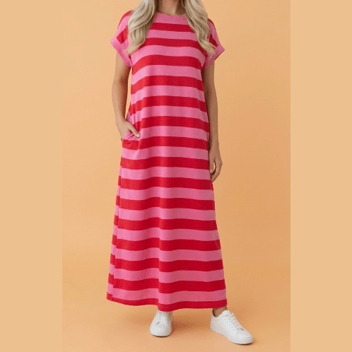 Leyton Pink Stripe Cuffed Short Sleeve Pocketed Casual T Shirt Long Dress