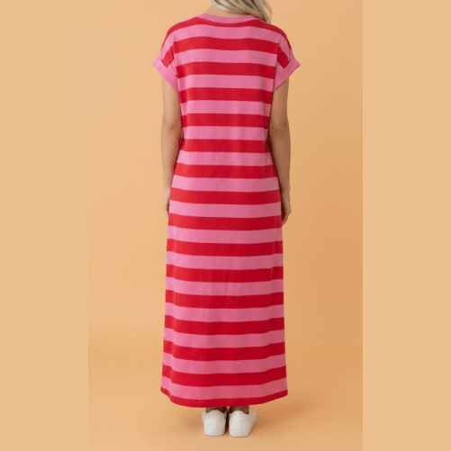 Leyton Pink Stripe Cuffed Short Sleeve Pocketed Casual T Shirt Long Dress