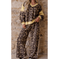 Roma Brown Leopard Print Long Sleeve V-Neck Wide Leg Pant Set