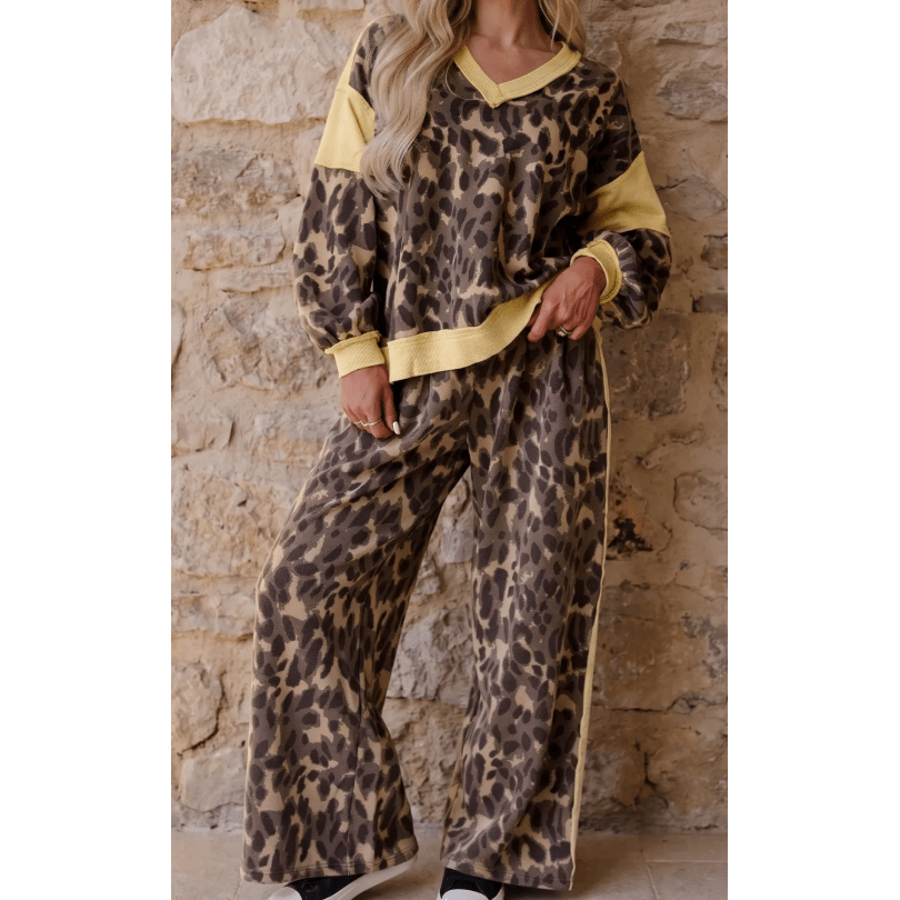 Roma Brown Leopard Print Long Sleeve V-Neck Wide Leg Pant Set