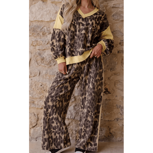 Roma Brown Leopard Print Long Sleeve V-Neck Wide Leg Pant Set