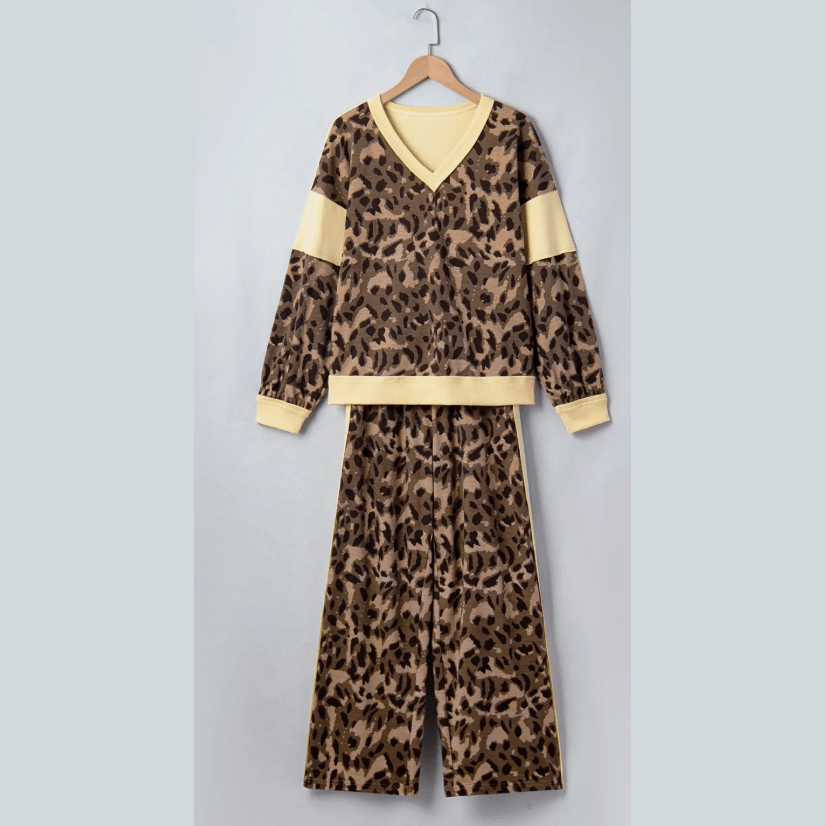 Roma Brown Leopard Print Long Sleeve V-Neck Wide Leg Pant Set