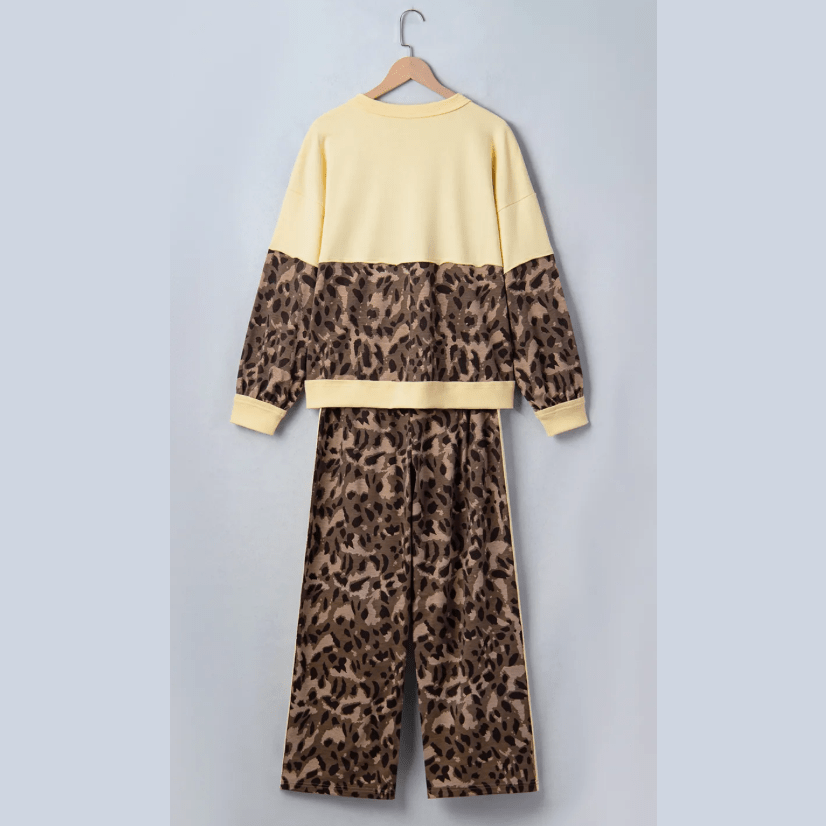 Roma Brown Leopard Print Long Sleeve V-Neck Wide Leg Pant Set