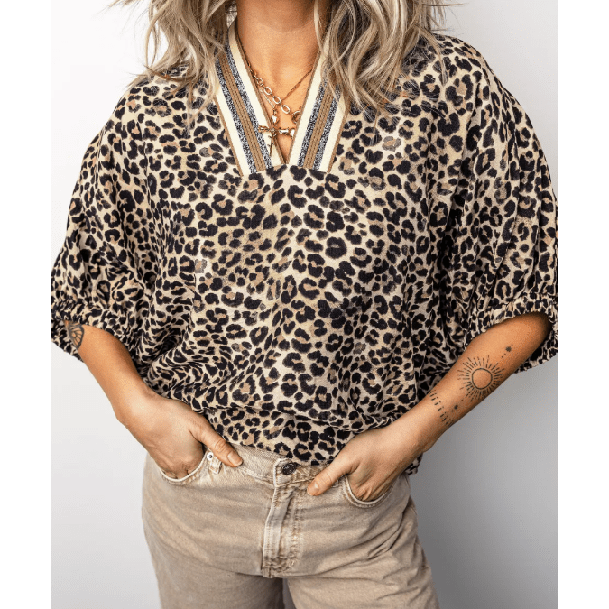 Stace Leopard Contrast Trim V Neck Half Sleeve Western Dolman Blouse