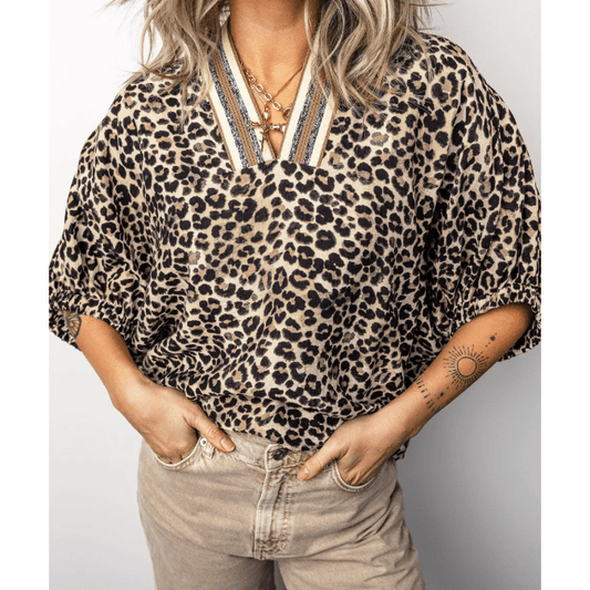 Stace Leopard Contrast Trim V Neck Half Sleeve Western Dolman Blouse