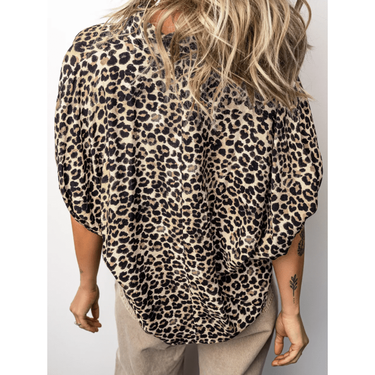 Stace Leopard Contrast Trim V Neck Half Sleeve Western Dolman Blouse