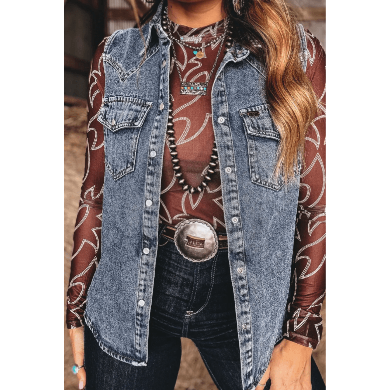Vonda Denim Button Front Pocket Sleeveless Cowboy Vest