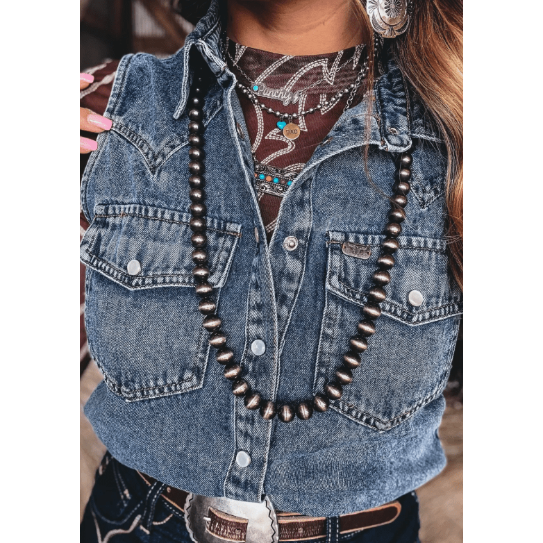 Vonda Denim Button Front Pocket Sleeveless Cowboy Vest