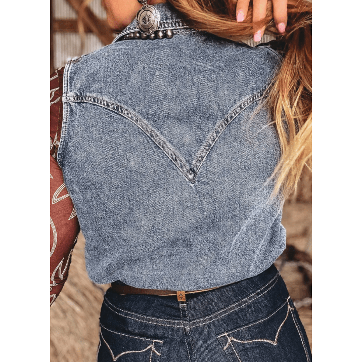 Vonda Denim Button Front Pocket Sleeveless Cowboy Vest