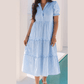 SALE!!!  Essie Sky Blue Stripe Bubble Short Sleeve Tiered Scallop Long Dress