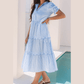 SALE!!!  Essie Sky Blue Stripe Bubble Short Sleeve Tiered Scallop Long Dress
