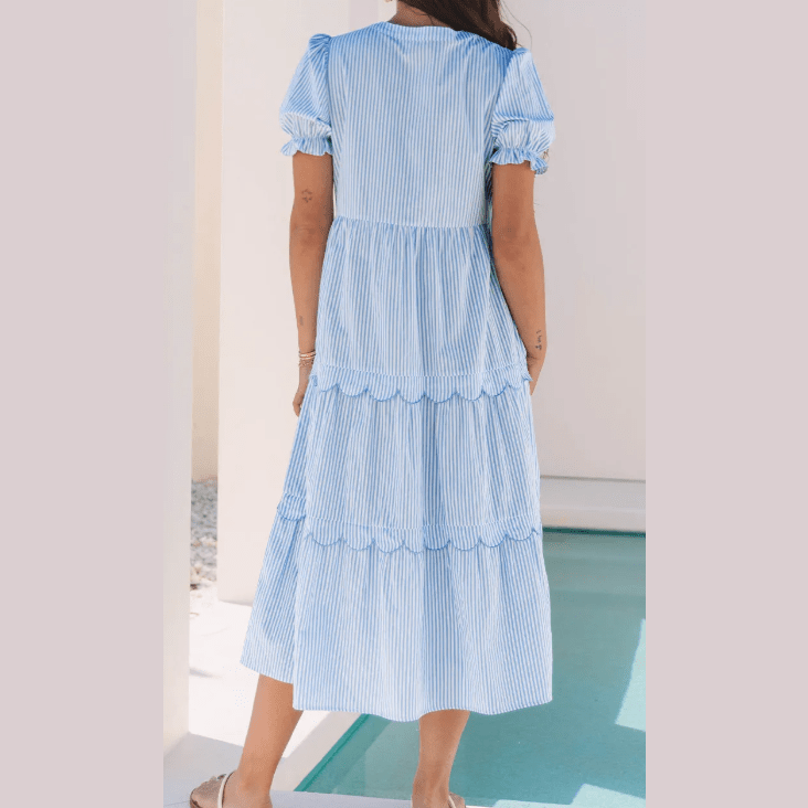 SALE!!!  Essie Sky Blue Stripe Bubble Short Sleeve Tiered Scallop Long Dress