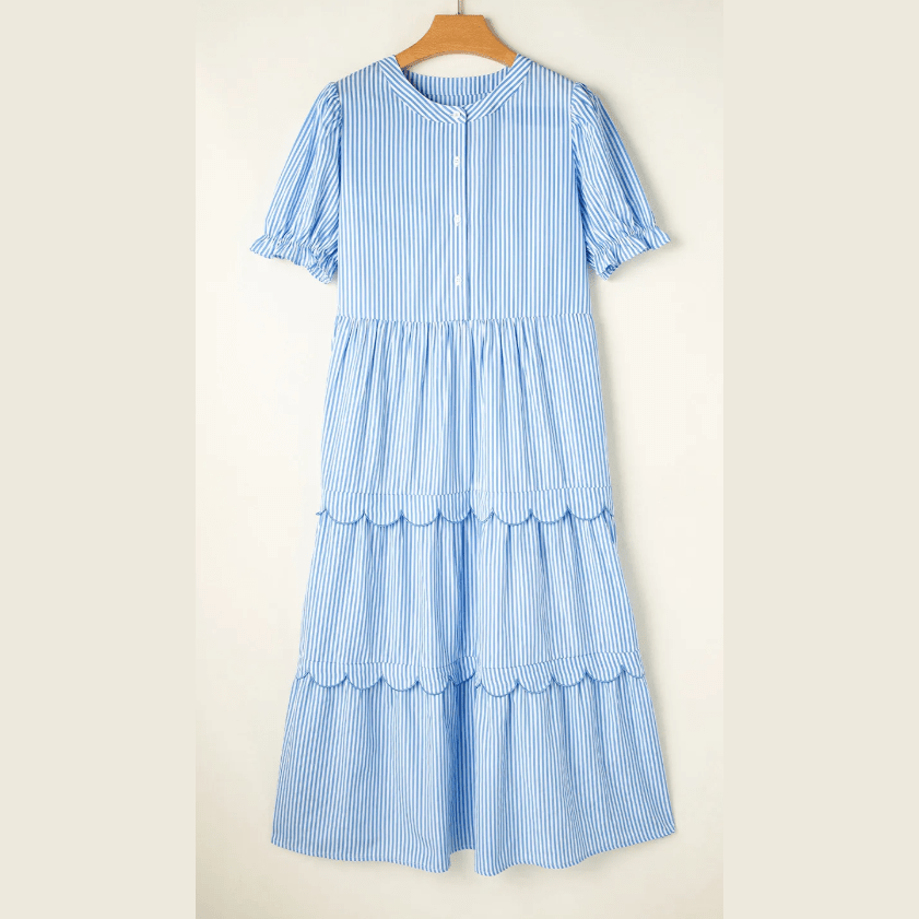 SALE!!!  Essie Sky Blue Stripe Bubble Short Sleeve Tiered Scallop Long Dress