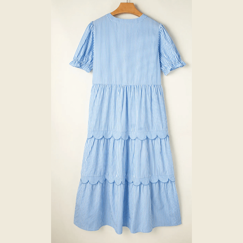 SALE!!!  Essie Sky Blue Stripe Bubble Short Sleeve Tiered Scallop Long Dress