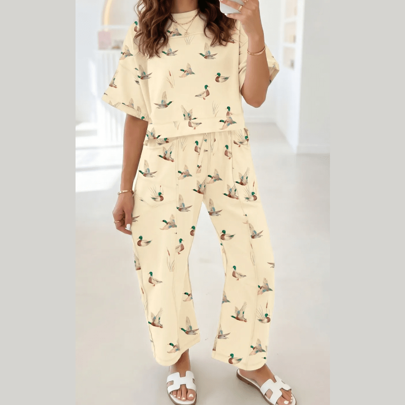 Duck Print Short Sleeve Top Pocket Pants 2pcs Casual Set
