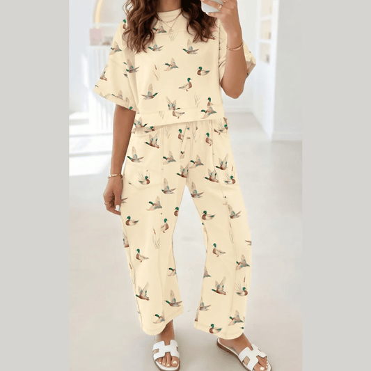 Duck Print Short Sleeve Top Pocket Pants 2pcs Casual Set
