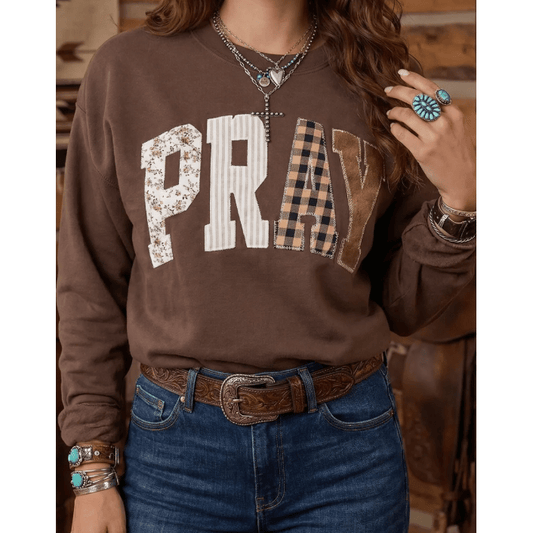 Coffee Floral Buffalo Plaid Striped Embroidered Patch Western Pullover Sweatshirt