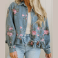 Alisha Sky Blue Floral Print Raw Seam Ruffle Hem Denim Jacket