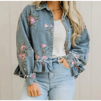 Alisha Sky Blue Floral Print Raw Seam Ruffle Hem Denim Jacket