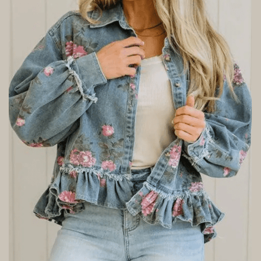 Alisha Sky Blue Floral Print Raw Seam Ruffle Hem Denim Jacket