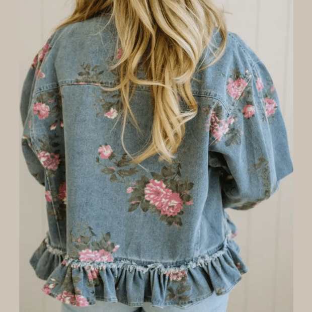 Alisha Sky Blue Floral Print Raw Seam Ruffle Hem Denim Jacket