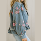Alisha Sky Blue Floral Print Raw Seam Ruffle Hem Denim Jacket