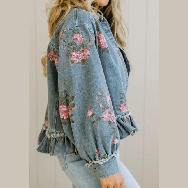 Alisha Sky Blue Floral Print Raw Seam Ruffle Hem Denim Jacket