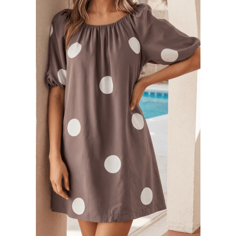 Liberty Brown Polka Dot Print Knot Back Short Puff Sleeve Loose Mini Dress