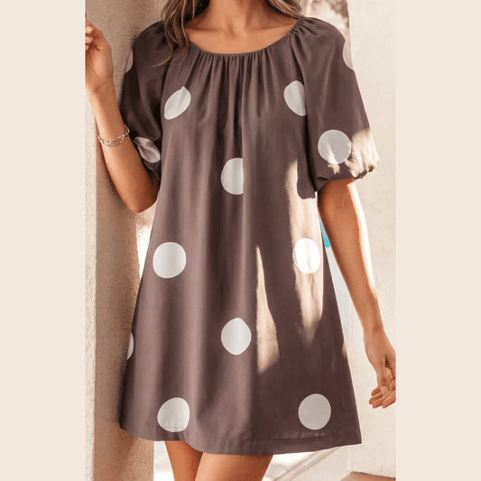 Liberty Brown Polka Dot Print Knot Back Short Puff Sleeve Loose Mini Dress