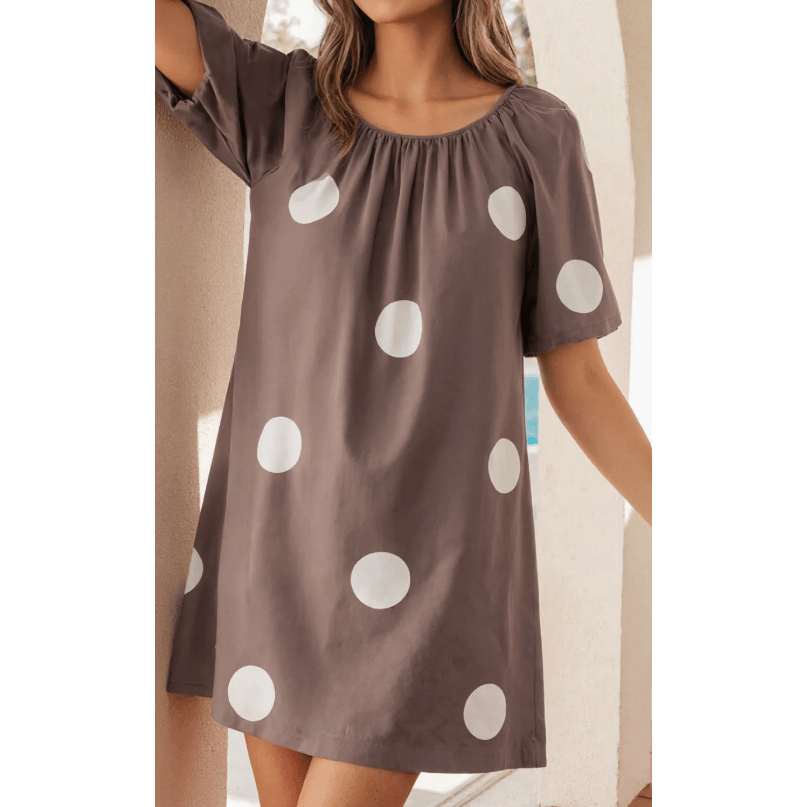 Liberty Brown Polka Dot Print Knot Back Short Puff Sleeve Loose Mini Dress
