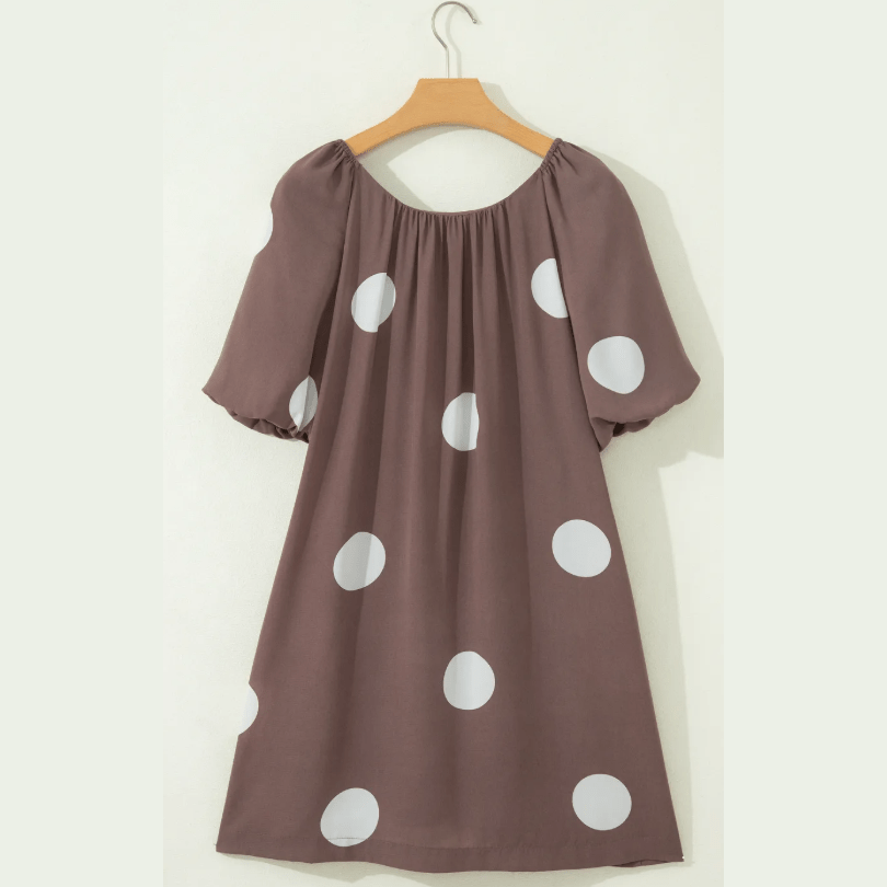 Liberty Brown Polka Dot Print Knot Back Short Puff Sleeve Loose Mini Dress
