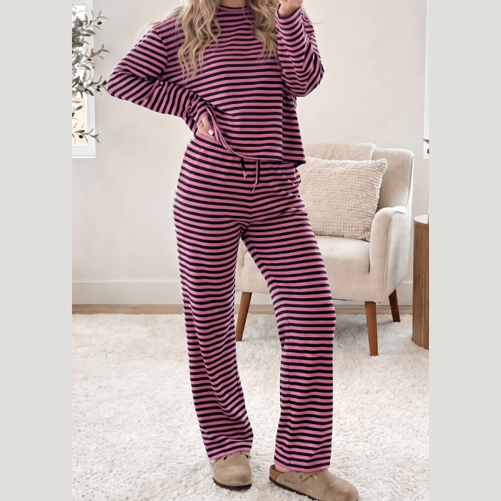 Myrtle Pink Stripe Casual Long Sleeve Top Drawstring Pant Set