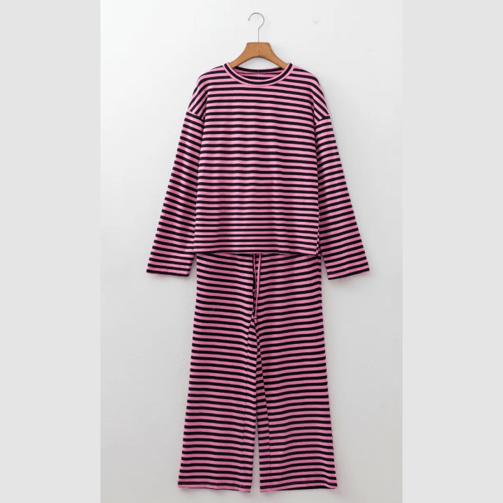 Myrtle Pink Stripe Casual Long Sleeve Top Drawstring Pant Set