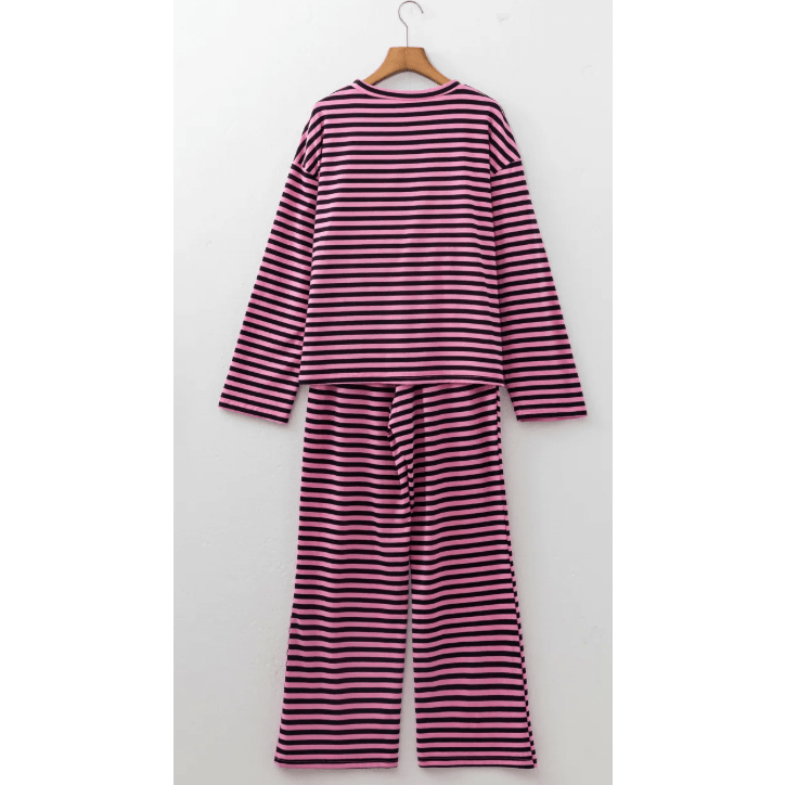 Myrtle Pink Stripe Casual Long Sleeve Top Drawstring Pant Set
