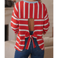 Jordyn Racing Red Striped Bow Tie Hollowed Back 7/8 Sleeve Casual T-Shirt