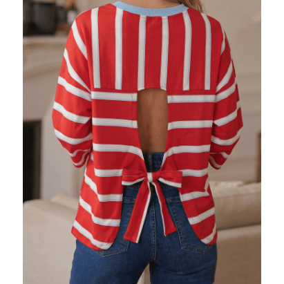 Jordyn Racing Red Striped Bow Tie Hollowed Back 7/8 Sleeve Casual T-Shirt
